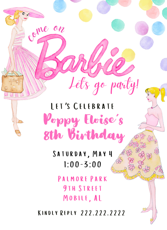 Confetti Barbie Party Invitation